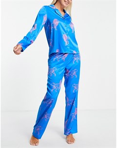 Атласный пижамный комплект кобальтово синего цвета с принтом львов из рубашки с отложным воротником  Chelsea peers