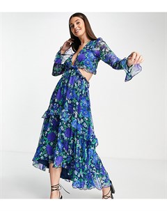 Платье миди с цветочным принтом глубоким вырезом оборками шнуровкой и завязкой на спине ASOS DESIGN  Asos tall
