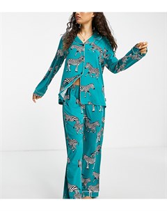 Бирюзовая пижама из экологичного трикотажа с рубашкой с отложным воротником и брюками с принтом зебр Chelsea peers petite