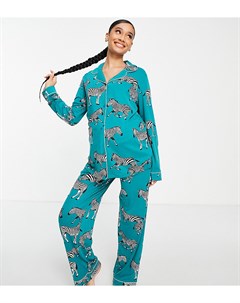 Бирюзовый пижамный комплект из экологичного трикотажа с принтом зебр брюками и рубашкой с отложным в Chelsea peers