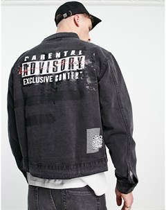 Черная джинсовая куртка с потертостями и логотипом Parental Advisory Liquor n poker