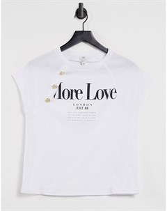 Белая футболка на пуговицах сбоку с надписью More Love River island
