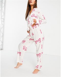 Белая пижама из 100 модала с рубашкой и брюками и розовым принтом Barbie Asos design