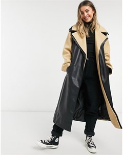 Бежево черное пальто из комбинированной искусственной кожи с поясом Asos design