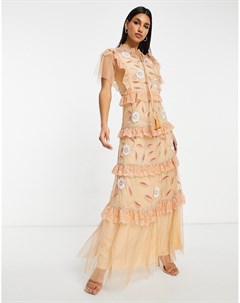 Ярусное платье макси персикового цвета с короткими рукавами Frock Frill Frock and frill