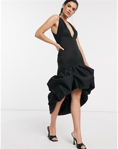 Черное платье макси с глубоким вырезом и кромкой в сборку Asos design