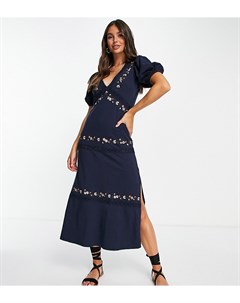 Темно синее платье миди с кружевной вставкой и цветочной вышивкой Tall Asos design