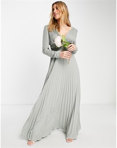 Платье макси оливкового цвета с длинными рукавами плиссированной юбкой и атласной лентой на талии Br Asos design