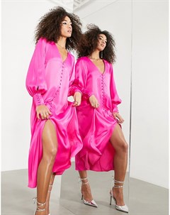 Ярко розовое платье миди на пуговицах спереди Asos edition
