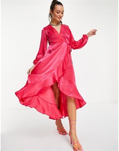 Ярко розовое атласное платье макси с запахом и длинными рукавами Flounce london maternity