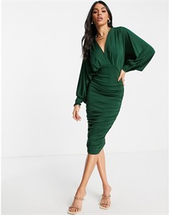 Зеленое облегающее платье миди с глубоким вырезом и сборками спереди Ax paris