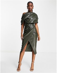Платье футляр миди из искусственной кожи цвета хаки с открытым плечом и поясом Asos design