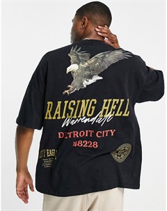 Черная выбеленная oversized футболка с принтом Raising hell Topman