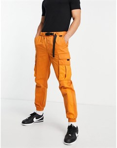 Оранжевые зауженные брюки карго с ремнем и боковой вставкой Topman
