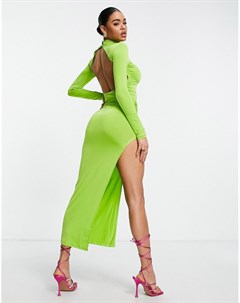 Лаймово зеленое платье макси с длинными рукавами очень высоким вырезом бедра и открытой спиной Asos design