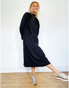 Черное свободное платье миди с ярусной юбкой Asos design