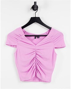 Розовая футболка с V образным вырезом и сборками из смесового органического хлопка Vero moda
