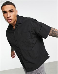 Черная oversized рубашка свободного кроя из нейлона с короткими рукавами и отложным воротником Asos design