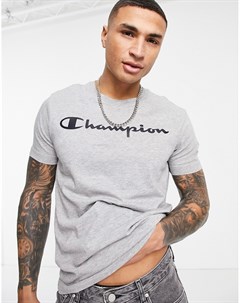 Серая футболка с крупным рукописным логотипом на груди Champion