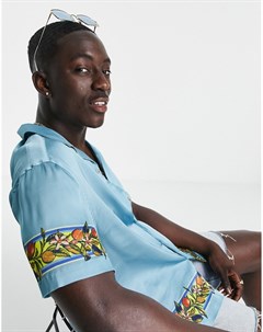 Голубая атласная рубашка свободного кроя с отложным воротником и цветочным принтом Asos design