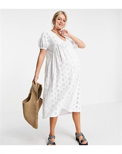 Белое платье миди в стиле ампир с V образным вырезом и вышивкой ришелье Maternity Asos design