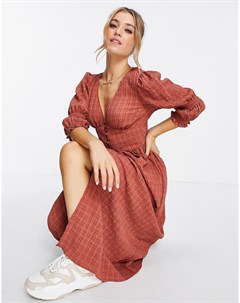 Фактурное чайное платье миди рыжего цвета на пуговицах Asos design