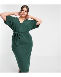 Темно зеленое мягкое платье джемпер миди с V образным вырезом и поясом ASOS DESIGN Curve Asos curve