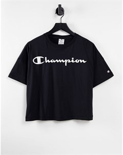 Свободная укороченная футболка черного цвета с крупным логотипом Champion