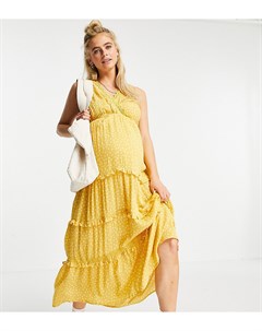 Ярусное платье макси без рукавов из жатого материала горчичного цвета в горошек с кружевными вставка Asos maternity