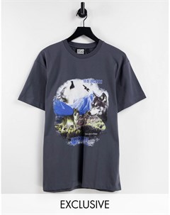 Темно серая свободная футболка из органического хлопка в стиле унисекс с графическим принтом волка I Reclaimed vintage