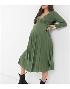 Плиссированное платье миди цвета хаки с запахом и длинными рукавами ASOS DESIGN Maternity Asos maternity