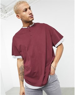 Двухслойная oversized футболка бордового цвета с воротником стойкой на пуговицах Asos design