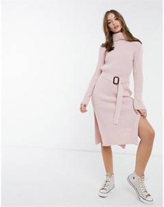 Розовое трикотажное платье с высоким отворачивающимся воротом и поясом x Billie Faiers In the style