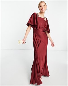 Атласное платье макси винного цвета с расклешенными рукавами и бретелями Asos edition