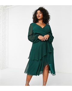 Зеленое платье миди с запахом на талии и двухслойной юбкой ASOS DESIGN Curve Asos curve