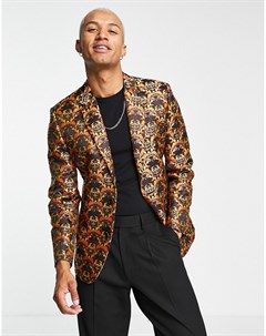 Коричневый узкий пиджак с цветочным жаккардовым узором Asos design