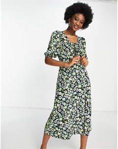 Зеленое платье миди с цветочным принтом и завязкой спереди Miss selfridge