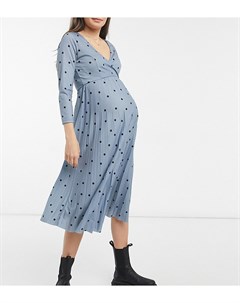 Плиссированное платье миди с длинными рукавами и запахом пыльно синего цвета в горошек ASOS DESIGN M Asos maternity