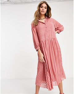 Плиссированное платье рубашка миди цвета чайной розы на пуговицах и принтом в полоску Asos design