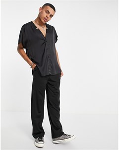 Черная атласная рубашка с короткими рукавами и разрезами на воротнике Asos design
