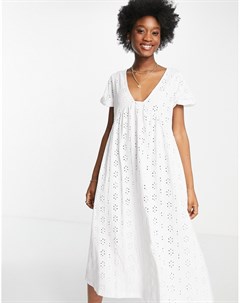 Белое платье миди с V образным вырезом вышивкой ришелье и швами в стиле ампир Asos design