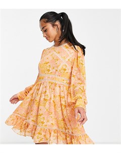 Платье мини цвета охры с кружевными вставками и цветочным принтом в стиле 70 х Forever new petite