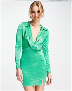 Атласное зеленое платье рубашка мини с пуговицами Asos design