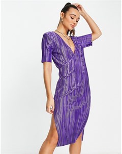 Ярко фиолетовое плиссированное платье миди с запахом и длинными рукавами Asos design