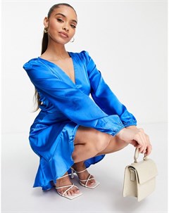 Атласное платье мини с запахом кобальтово синего цвета Ax paris