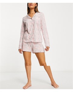 Пижамный комплект с шортами и рубашкой на пуговицах в серо розовую клетку Original penguin