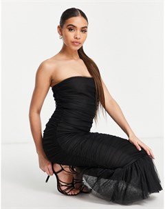 Черное присборенное платье бандо миди с открытыми плечами и оборкой на юбке London Rare