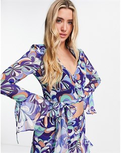 Блузка с запахом оборками на рукавах и принтом завитков в стиле ретро от комплекта Asos design