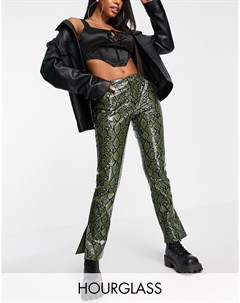 Прямые брюки из искусственной кожи зеленого цвета со змеиным принтом и заниженной талией Hourglass Asos design