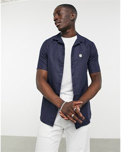 Темно синяя рубашка из ткани с добавлением льна с короткими рукавами и отложным воротником с лацкана Le breve